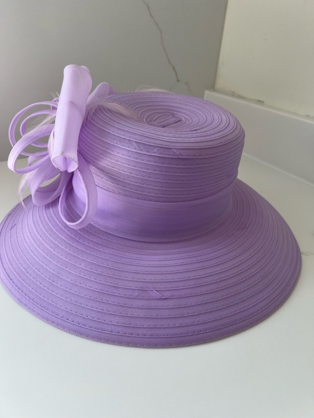 Lavender Women's Dress Hat with Decorative organza bow and subtle feather detail - Picture 5 of 7